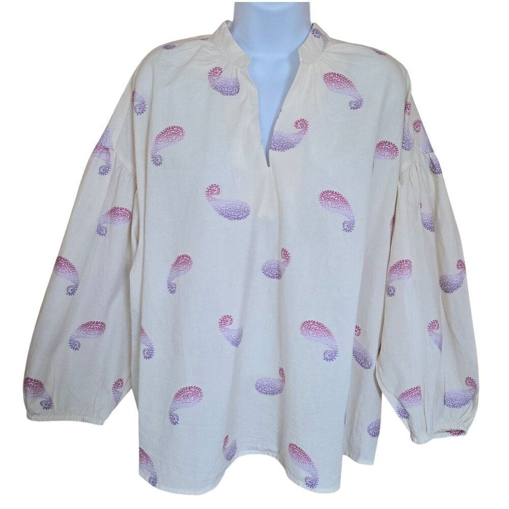 Soft Paisley Print Peasant Blouse Whimsical Purple Gradient Stamp Design hippie